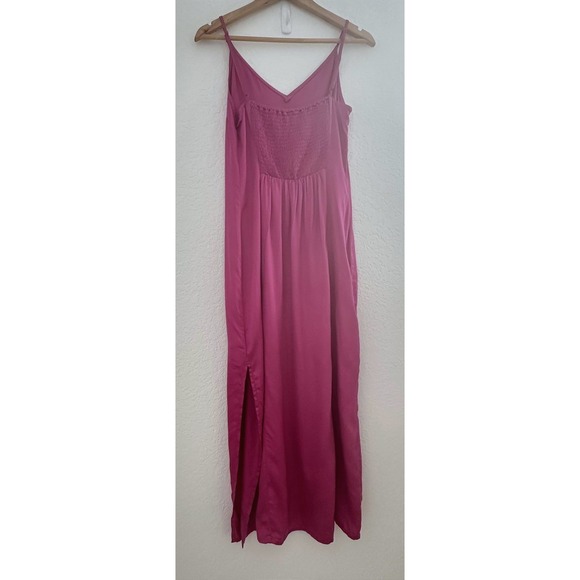 Old Navy Slip Maxi Dress S Raspberry Tart Pink Satin Smocked Side Slit Fairy NWT - Picture 5 of 16